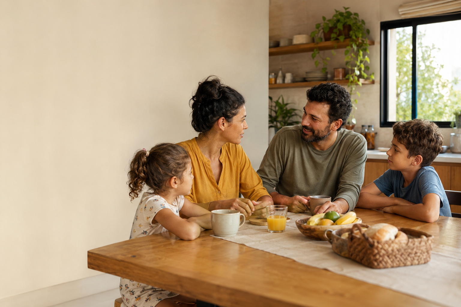 Pai, mãe e dois filhos conversando em casa